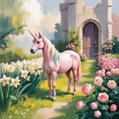 A whimsical unicorn stands amidst blooming flowers in front of a charming castle door, creating a magical and enchanting scene.