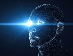 3D rendered profile of a human head constructed from a digital dot network. Bright light shines