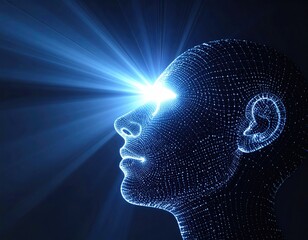 A side view of a wireframe head with beams of light emanating from the eye