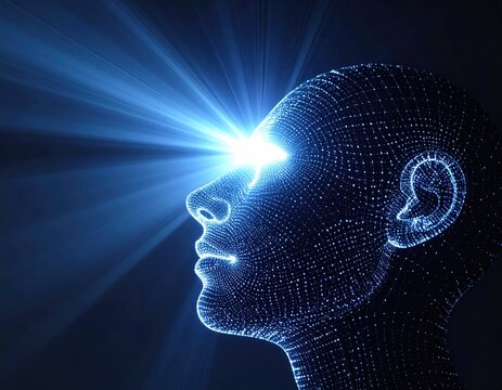 A side view of a wireframe head with beams of light emanating from the eye - Powered by Adobe