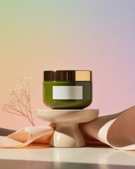 A stylish green jar with a gold lid sits on a pedestal, accompanied by delicate flowers and soft fabrics against a pastel background.