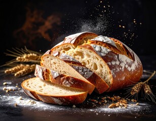 Sliced artisan bread, flour dust, with wheat stalks against a dark background, closeup shot