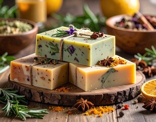 Stacked, beautifully crafted artisanal soaps garnished with herbs, spices, and tied with twine