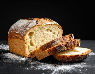 Freshly baked loaf of artisanal bread sliced on a dark surface, showing texture