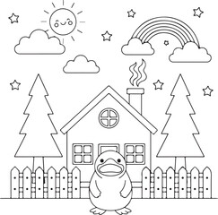 Fototapeta premium House with different birds coloring page for kids and adults