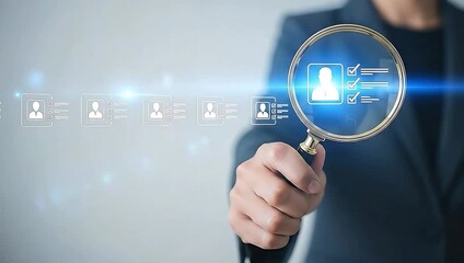 Human Resources Concept: Hand Holding Magnifying Glass to Select and Checkmark the Best Candidate/Employee for Job Recruitment.