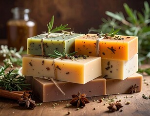 Stacked, colorful soap bars tied with twine, adorned with herbs, set on a wooden surface