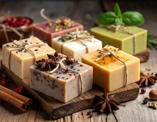 Assortment of handmade soaps, decorated with spices and herbs, on a wooden board