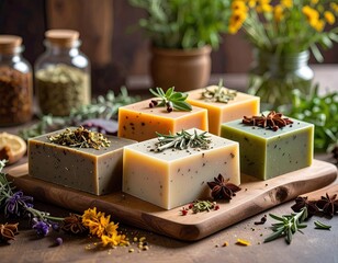 Assortment of vibrant, handcrafted soaps with herbs and spices, arranged on a wooden board