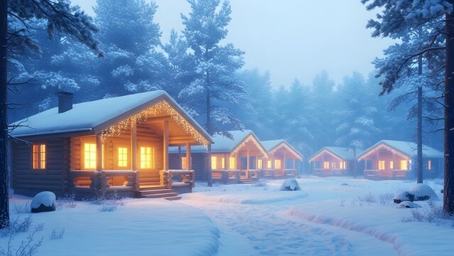 Cozy wooden cabins illuminated with warm lights nestled in a snowy winter forest landscape during twilight or night