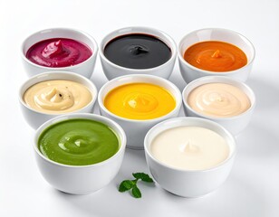 Nine white bowls filled with colorful sauces, arranged on a white surface, with a mint sprig