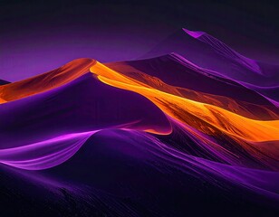 Surreal digital art of undulating desert dunes bathed in vibrant purple and orange light