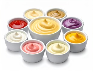 Nine white bowls filled with various colorful sauces