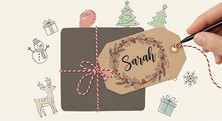 Preparing a beautifully wrapped christmas gift with personalized name tag illustration