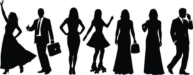 Collection of elegant male and female silhouettes in dynamic standing and walking poses, fashionable people illustration for design projects