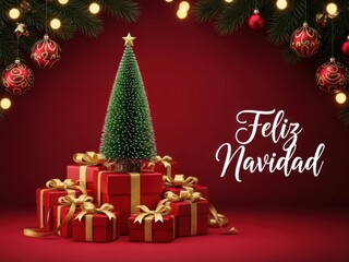 Festive christmas greeting card design featuring a miniature green christmas tree surrounded by wrapped red gift boxes with gold ribbons against a deep red background with bokeh lights and hanging orn