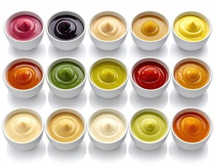 Rows of small white bowls, each filled with vibrant and varied sauces on white background