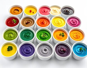 Rows of small white bowls, each filled with brightly-colored pureed food, on a white surface