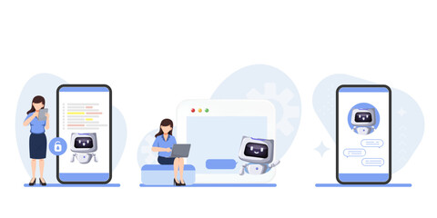 Chatbot concept. People characters chatting with chat bot in smartphone and laptop. AI robot assistant with customer support. Set of vector illustration isolated on white background.