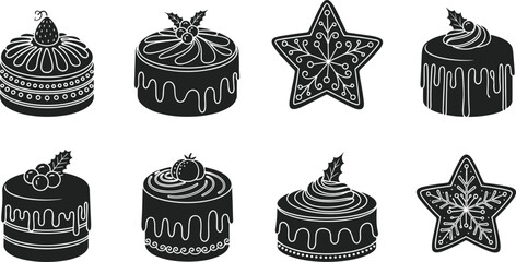 Collection of festive Christmas cakes and star cookies decorated with berries, icing, and seasonal details for holiday baking designs