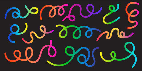 Abstract Swirls and Colorful Lines on a Dark Background A Dynamic Collection of Vibrant, Wavy Decorative Elements