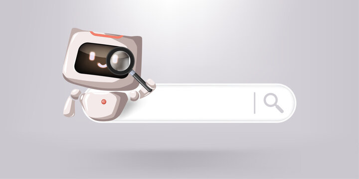 Fototapeta Search bar and AI chatbot assisting in finding information and providing solutions. Technology supports data retrieval and analysis. Artificial intelligence robot helping answer questions, generating.