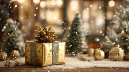 A gold box with a bow on top sits on a snowy ground next to some trees. The scene is festive and joyful, with the box likely containing a gift for the holidays