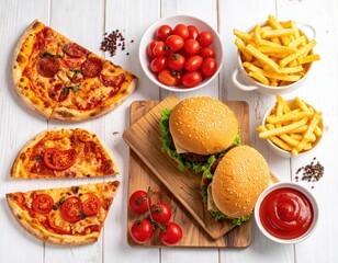 Overhead shot of a variety of fast food items on a white wooden surface