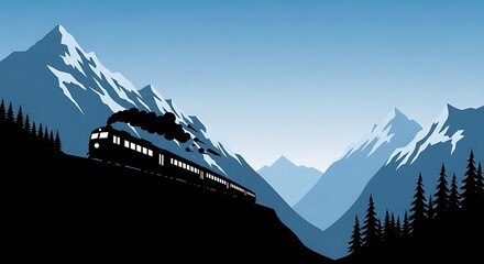 Scenic train journey through majestic mountains and evergreen forests landscape