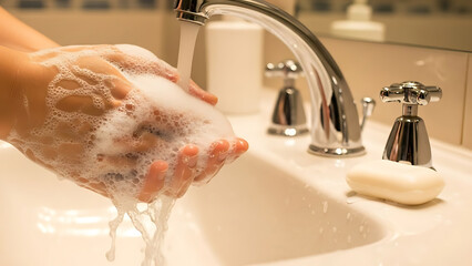 Washing hands in soapy foam under running water in the bathroom sink hygiene and health 74000787 1