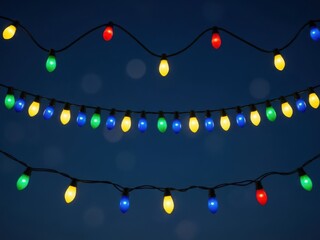 Three strands of colorful glowing christmas string lights hang against a dark blue night sky background, creating a festive holiday atmosphere