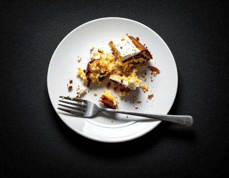 Overhead shot of a white plate with partially eaten cake slices and a fork on a black surface