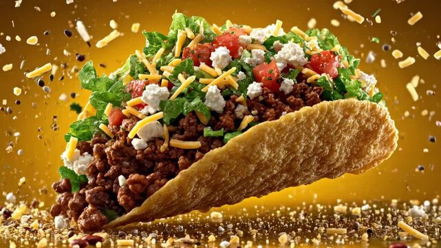 Golden background fiesta taco crunchy shell, seasoned beef, lettuce, tomato, cheese, herbs, zest.!!