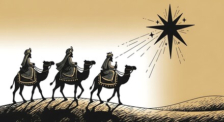 Three kings on camels following the star in the desert night