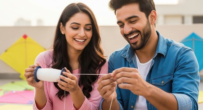 Indian Couple Preparing Manja. Festive Kite Celebration.