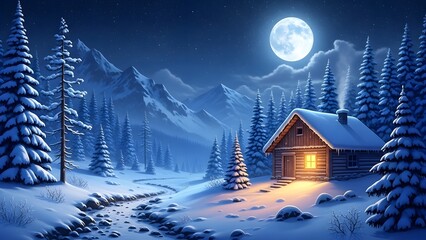 Cozy wooden cabin nestled in a snowy winter forest landscape under a bright full moon night sky with mountain range in background