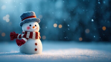 Fototapeta premium A snowman with a red and white scarf is standing in the snow. The snowman has a happy expression on its face