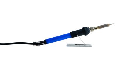 Soldering Iron With Blue Handle And Stand On White Background For Electronics Workshop