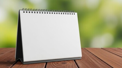 Blank spiral bound notepad on a wooden table with a blurred green background