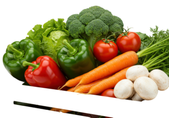 Vibrant raw red bell pepper, green bell peppers, ripe red tomatoes, broccoli, lettuce, carrots, and mushrooms in a rustic wooden crate on a white background, healthy eating concept