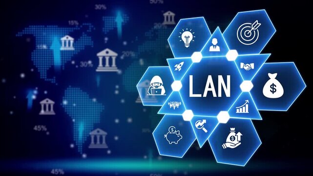 Digital network diagram with LAN concept and global map background Keywords: LAN, network, technology, computer, data, connection, communication, local, area, global, world, map, digital