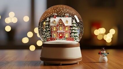 Cozy illuminated snow globe featuring a detailed house and evergreen tree scene sitting on a wooden table with a small snowman figurine nearby and bokeh lights in background