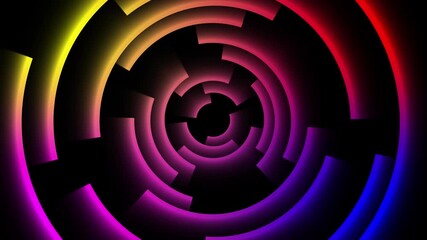 Abstract colorful glowing circular design with segmented rings forming a futuristic spiral pattern on black background - Powered by Adobe