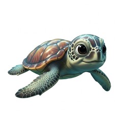 Fototapeta premium Adorable baby turtle underwater, shiny shell, big expressive eyes, smooth 3D render. isolated on white background