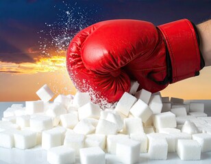 A red boxing glove punches a pile of sugar cubes, with a dynamic background