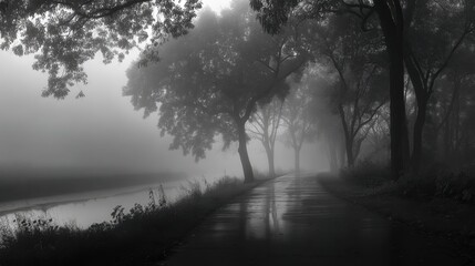 A foggy forest with trees and a river. The trees are tall and the leaves are wet