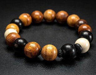 Close-up of a circular bracelet featuring wooden beads of various colors on a dark background