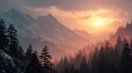 Obraz premium A vibrant sunset lights up the sky with warm colors above towering mountains. Dark silhouettes of evergreen trees add depth to the tranquil scene evoking a sense of peace and wilderness.