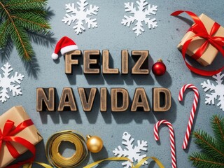 Overhead view of wooden letters spelling feliz navidad surrounded by christmas decorations like pine branches, gift boxes, candy canes, and snowflakes on a gray surface