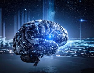 Digital brain composed of circuits, overlaid on a city landscape with flowing data streams